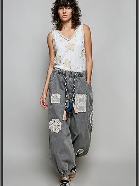 POL- Boho Patchwork Drawstring Wide-Leg Pants - Ash Black